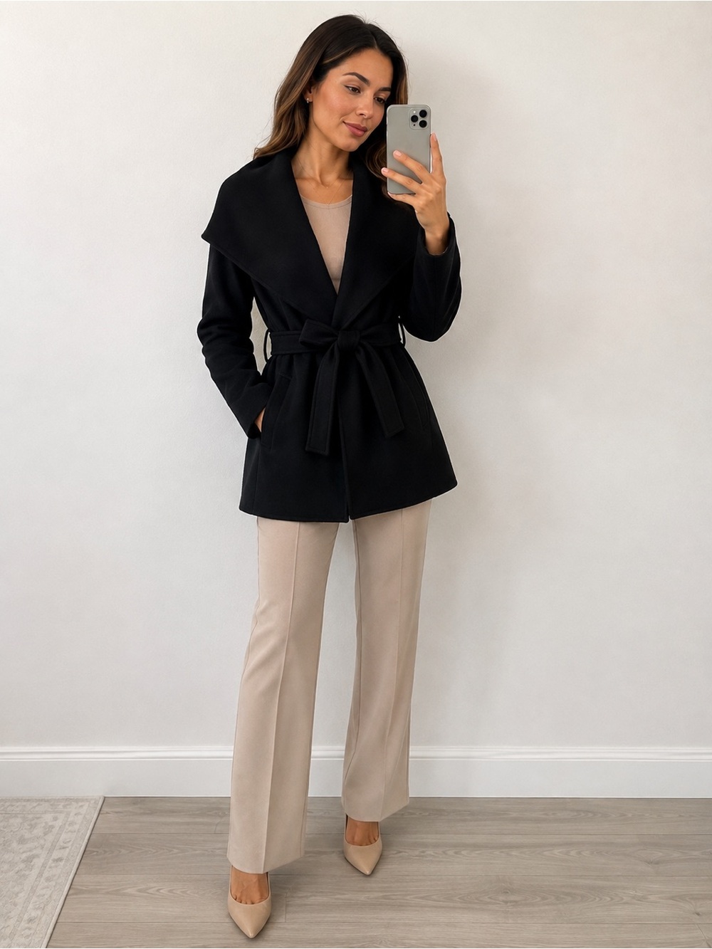 T Tahari Women’s Black Wool Blend Belted Wrap Coat Size M